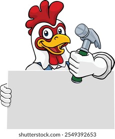 A chicken or rooster handyman or carpenter cartoon construction man mascot character holding a hammer tool