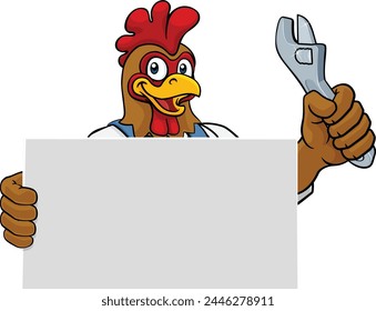 Un manitas de pollo o gallo, mecánico, fontanero u otro hombre mascota de dibujos animados de construcción sosteniendo una llave inglesa o herramienta de llave inglesa.