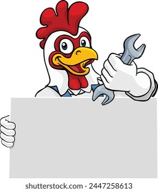 A chicken or rooster handyman, mechanic, plumber or other construction cartoon mascot man holding a wrench or spanner tool.