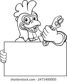 A chicken or rooster handyman, mechanic, plumber or other construction cartoon mascot man holding a wrench or spanner tool.