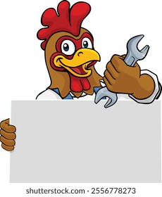 A chicken or rooster handyman, mechanic, plumber or other construction cartoon mascot man holding a wrench or spanner tool.