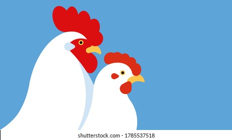 Chicken And Rooster Heads. White Birds Close-up, Side View. Cockerel With Hen. Farm Poultry In Minimalistic Style. Modern Vector Illustration. Light Blue Background.