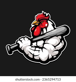 Chicken Rooster holding baseball stick mascot logo for team sport