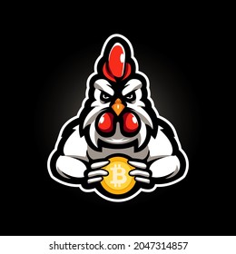 Chicken rooster holding bitcoin mascot logo design illustration vector