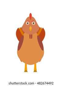 Chicken (rooster) illustration as a funny character. Domesticated male fowl. Small cartoon creature, isolated object in flat design on white background.