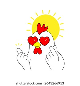 Chicken or rooster isolated. Bird wearing heart glasses. Children's drawing for product cover or packaging. Chicken meat, shows love on fingers. Rooster showing a heart