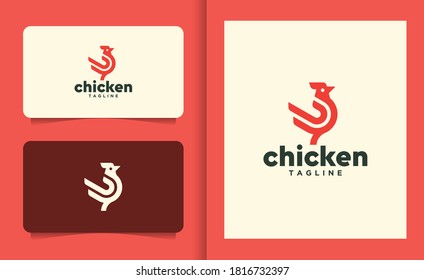 chicken rooster logo design concept with business card premium vector	