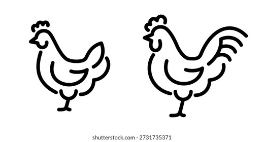 Ícone de contorno de galo e galo definido em estilo vetorial limpo. Símbolos mínimos de aves de capoeira que representam temas agrícolas, agrícolas, de produção alimentar e de desenho rural.