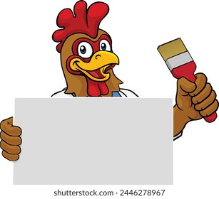 A chicken or rooster painter decorator handyman cartoon construction man mascot character holding a paint brush tool