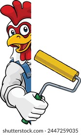 A chicken or rooster painter decorator handyman cartoon construction man mascot character holding a paint roller tool