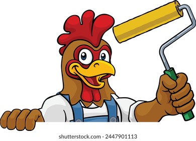 A chicken or rooster painter decorator handyman cartoon construction man mascot character holding a paint roller tool