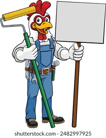 A chicken or rooster painter decorator handyman cartoon construction man mascot character holding a paint roller tool