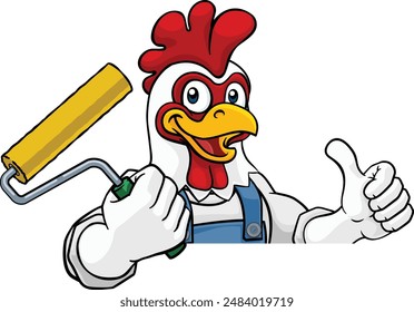 A chicken or rooster painter decorator handyman cartoon construction man mascot character holding a paint roller tool