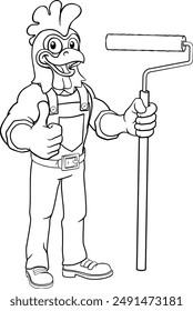 A chicken or rooster painter decorator handyman cartoon construction man mascot character holding a paint roller tool