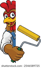 Um frango ou galo pintor decorador faz-tudo personagem mascote homem de construção de desenhos animados segurando uma ferramenta de rolo de tinta