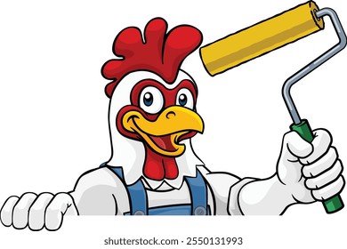 Um frango ou galo pintor decorador faz-tudo personagem mascote homem de construção de desenhos animados segurando uma ferramenta de rolo de tinta