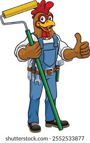 Um frango ou galo pintor decorador faz-tudo personagem mascote homem de construção de desenhos animados segurando uma ferramenta de rolo de tinta