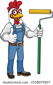 A chicken or rooster painter decorator handyman cartoon construction man mascot character holding a paint roller tool