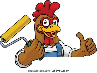 A chicken or rooster painter decorator handyman cartoon construction man mascot character holding a paint roller tool