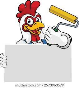 A chicken or rooster painter decorator handyman cartoon construction man mascot character holding a paint roller tool