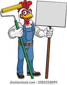 A chicken or rooster painter decorator handyman cartoon construction man mascot character holding a paint roller tool