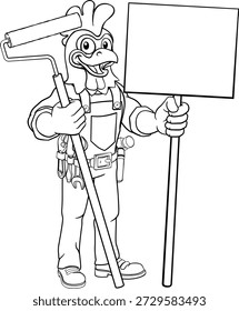 Um frango ou galo pintor decorador faz-tudo personagem mascote homem de construção de desenhos animados segurando uma ferramenta de rolo de tinta