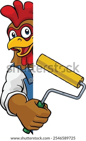A chicken or rooster painter decorator handyman cartoon construction man mascot character holding a paint roller tool