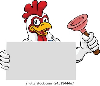 A chicken rooster plumber handyman plumbing construction cartoon mascot man holding a drain plunger tool.