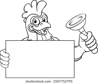 A chicken rooster plumber handyman plumbing construction cartoon mascot man holding a drain plunger tool.