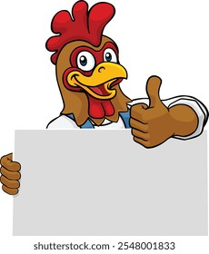 A chicken rooster plumber handyman plumbing construction cartoon mascot man holding a drain plunger tool.