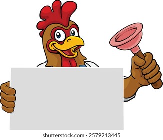 A chicken rooster plumber handyman plumbing construction cartoon mascot man holding a drain plunger tool.