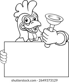 Um encanador de galo de frango encanamento homem de mascote de construção de encanamento de desenho animado segurando uma ferramenta de êmbolo de dreno.