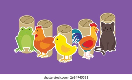 Chicken, rooster and chicken in a row. Vector illustration.