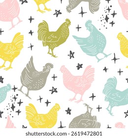 Chicken and Rooster with Stars Vector Seamless Pattern