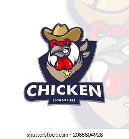 chicken rooster wearing cowboy sheriff costume mascot logo design illustration vector isolated on white background