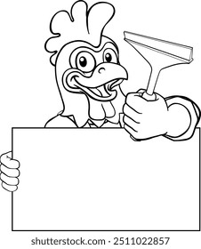 A chicken or rooster window cleaner or car wash cleaning cartoon mascot man holding a squeegee washing tool