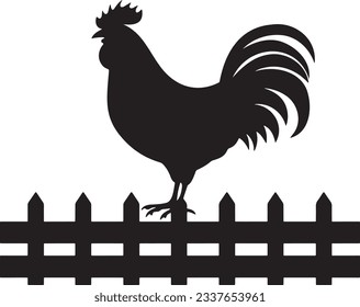 Chicken roosting on a fence, Basic simple Minimalist vector SVG graphic, isolated on white background, black and white