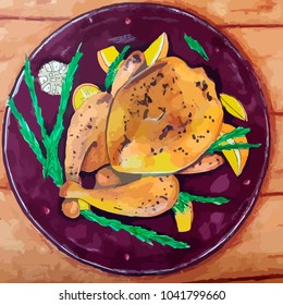 Chicken with rosemary and oranges. Watercolor sketch