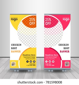 Chicken Rost Roll Up Banner Design of Web banners of different standard sizes for restaurant Templates with round place for photos, buttons. Vector illustration Set.