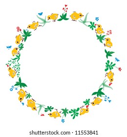 Chicken round ornament with grass ang flowers. Decorative element for home design.