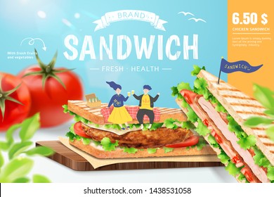 Chicken sandwich ads with lovely couple on chopping board, 3d illustration
