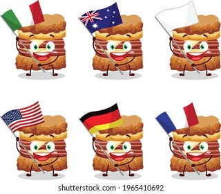 Chicken sandwich cartoon character bring the flags of various countries