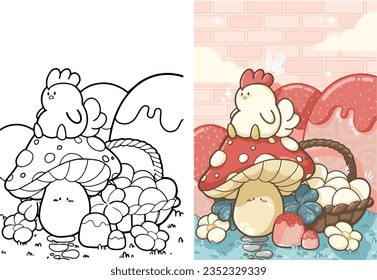 A chicken sat on a mushroom in the cottage with its eggs - Illustration for kids books, gift card and coloring book - Kawaii style