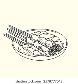 Chicken satay with peanut sauce and lontong. Thin line illustration.