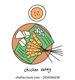 It is chicken satay, traditional roasted kebab meat skewers. Hand-drawing chicken satay with sauce vector illustration