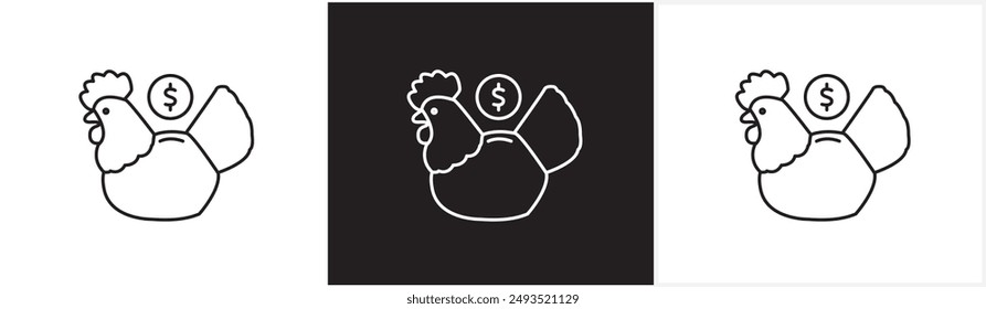 Chicken savings icon and financial icon. Thin line icon of saving money. Money, savings, income, wallet, dollars, coins, income, piggy bank, money storage icons on black and white and transparent.