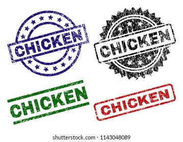 CHICKEN seal prints with corroded texture. Black, green,red,blue vector rubber prints of CHICKEN caption with corroded style. Rubber seals with circle, rectangle, medal shapes.