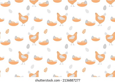 Chicken seamless background in scandinavian style. Vector fabric pattern. Bird print illustration. 