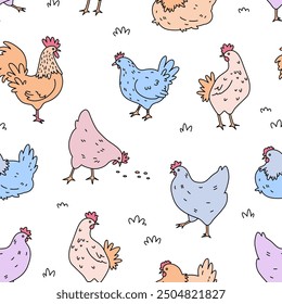 Pollo sin patrón. Fondo lindo del pollo de la historieta. Ilustración vectorial dibujada a mano. Textura para impresión, textil, tela.