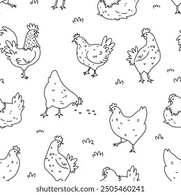 Chicken seamless pattern. Cute cartoon chicken background. Hand drawn vector illustration. Texture for print, textile, fabric. Black and white. Line art.